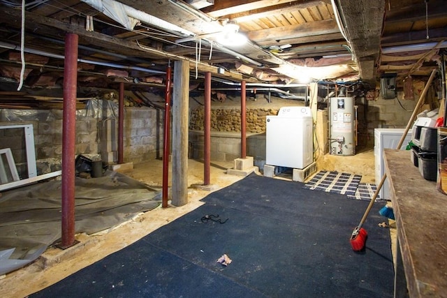 basement featuring washer / dryer and water heater