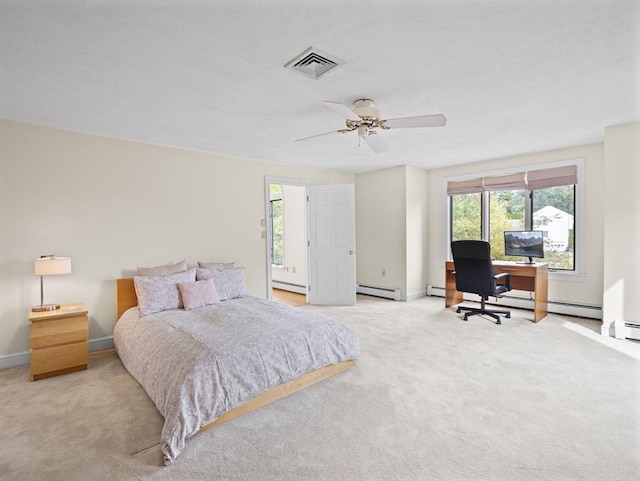 bedroom featuring a baseboard radiator, light carpet, a baseboard heating unit, visible vents, and baseboards