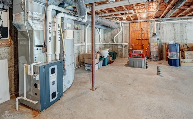 unfinished basement featuring water heater