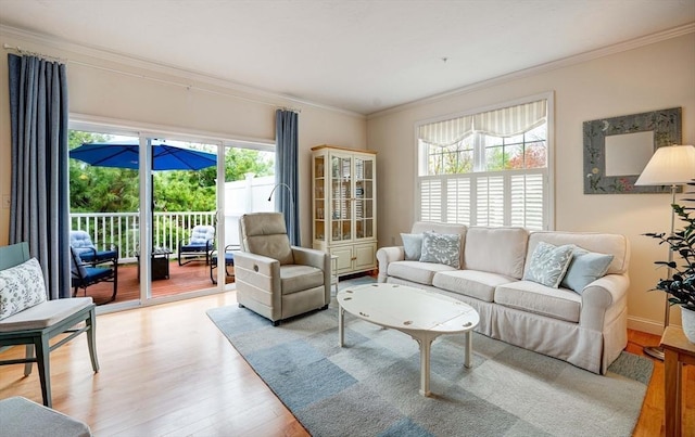 living room with ornamental molding and light wood finished floors