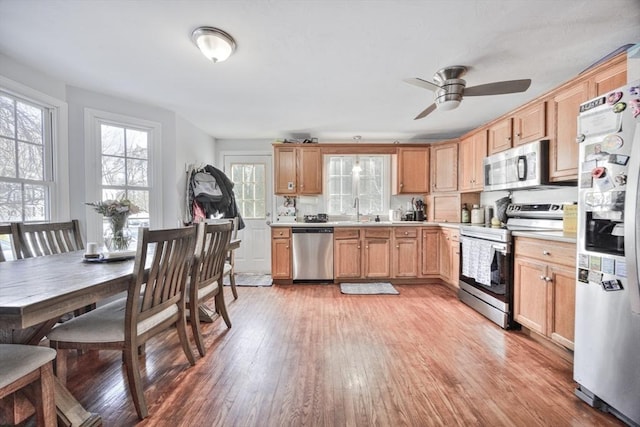 kitchen featuring stainless steel appliances, ceiling fan, sink, and light hardwood / wood-style floors