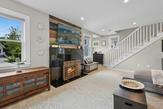 21 Milton Rd, Quincy, MA 02171 - living room featuring stairway, recessed lighting, wood finished floors, and plenty of natural light