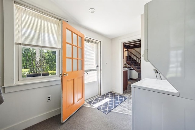 197-199 Main St, Chelmsford, MA 01863 - entryway featuring stairs, baseboards, and carpet