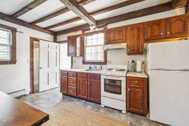 197-199 Main St, Chelmsford, MA 01863 - kitchen featuring white appliances, under cabinet range hood, a sink, beamed ceiling, and a baseboard radiator