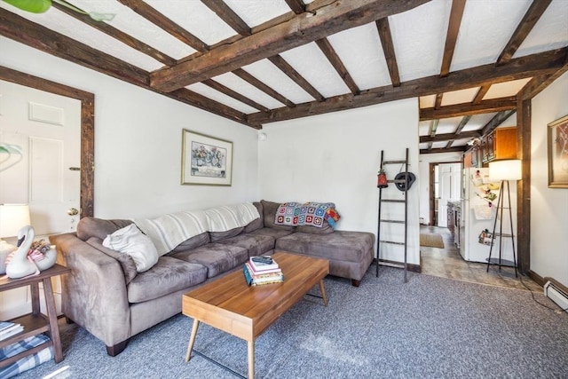 197-199 Main St, Chelmsford, MA 01863 - living room with carpet floors, beam ceiling, and baseboards