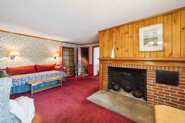 197-199 Main St, Chelmsford, MA 01863 - bedroom featuring carpet flooring, a brick fireplace, wallpapered walls, and ornamental molding