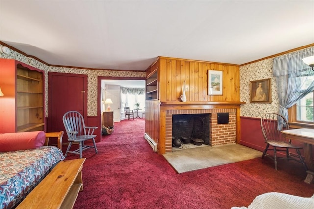197-199 Main St, Chelmsford, MA 01863 - living area with wallpapered walls, baseboard heating, ornamental molding, a brick fireplace, and a wainscoted wall