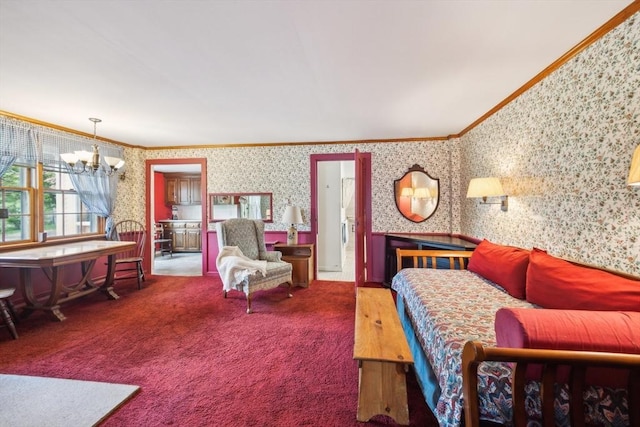 197-199 Main St, Chelmsford, MA 01863 - bedroom featuring wallpapered walls, crown molding, a chandelier, carpet floors, and wainscoting