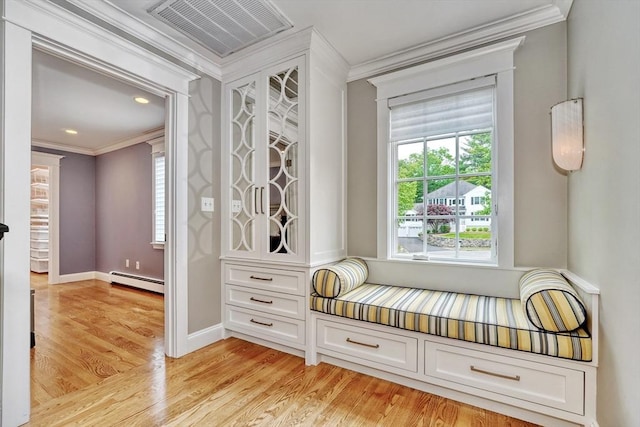 24 Cory Ln, Reading, MA 01867 - living area featuring crown molding, baseboard heating, light wood-style flooring, baseboards, and recessed lighting