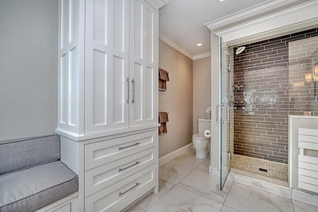 24 Cory Ln, Reading, MA 01867 - full bathroom featuring crown molding, a stall shower, toilet, baseboards, and recessed lighting
