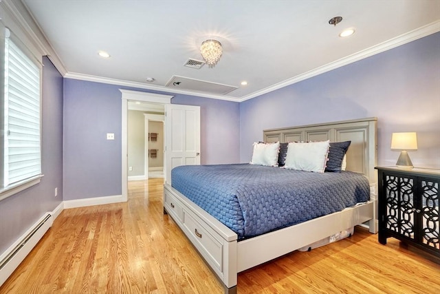 24 Cory Ln, Reading, MA 01867 - bedroom with baseboard heating, crown molding, light wood finished floors, baseboards, and recessed lighting