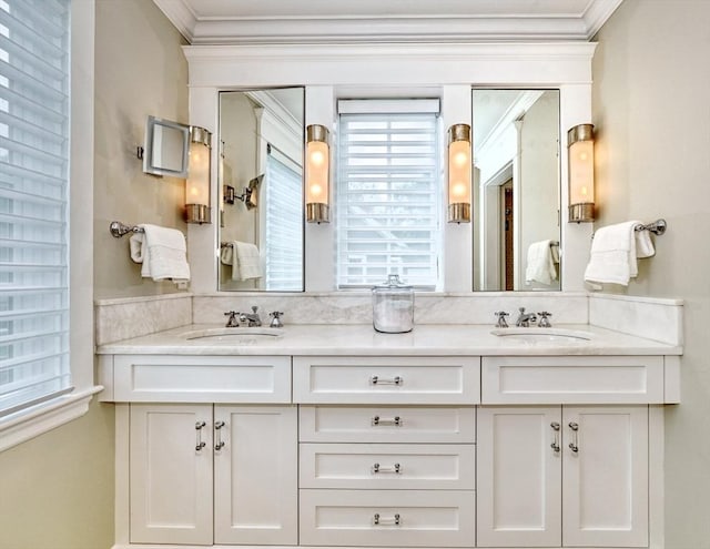 24 Cory Ln, Reading, MA 01867 - bathroom with ornamental molding and double vanity