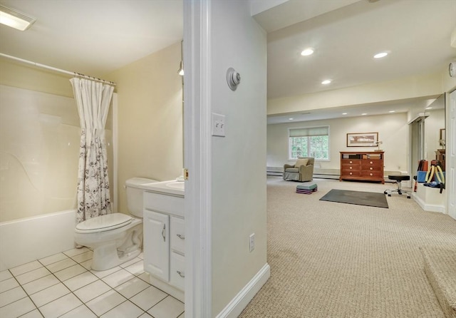 24 Cory Ln, Reading, MA 01867 - full bath with vanity, shower / bath combo, toilet, recessed lighting, and baseboards