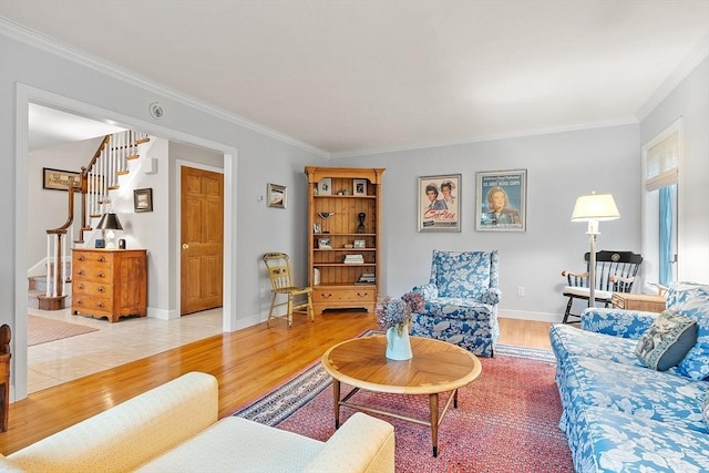 15 Saxon Ln, Shrewsbury, MA 01545 - living area featuring stairway, ornamental molding, and light wood-style floors