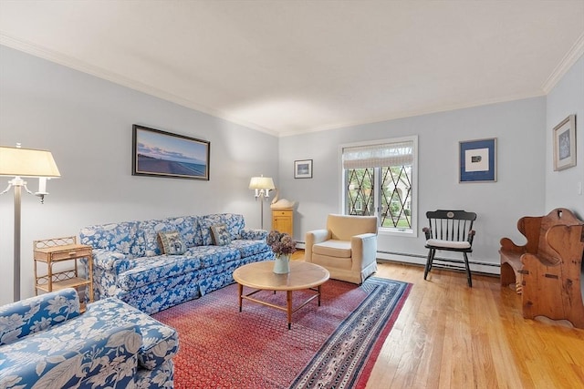 15 Saxon Ln, Shrewsbury, MA 01545 - living room with baseboard heating, ornamental molding, and light wood-style flooring
