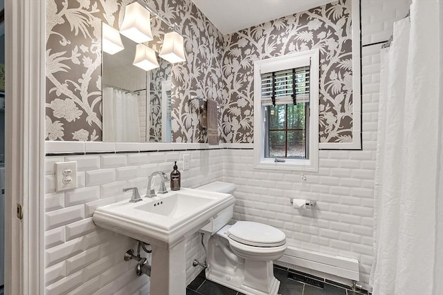 15 Saxon Ln, Shrewsbury, MA 01545 - full bath with wallpapered walls, a wainscoted wall, tile walls, and tile patterned flooring