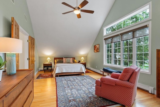 15 Saxon Ln, Shrewsbury, MA 01545 - bedroom featuring a baseboard heating unit, light wood-type flooring, high vaulted ceiling, and a ceiling fan