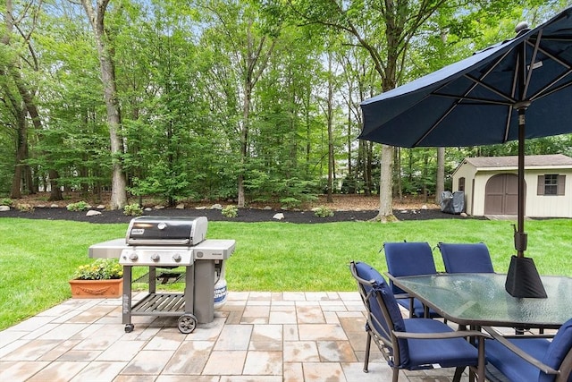 15 Saxon Ln, Shrewsbury, MA 01545 - view of patio with a grill, a storage unit, and outdoor dining space