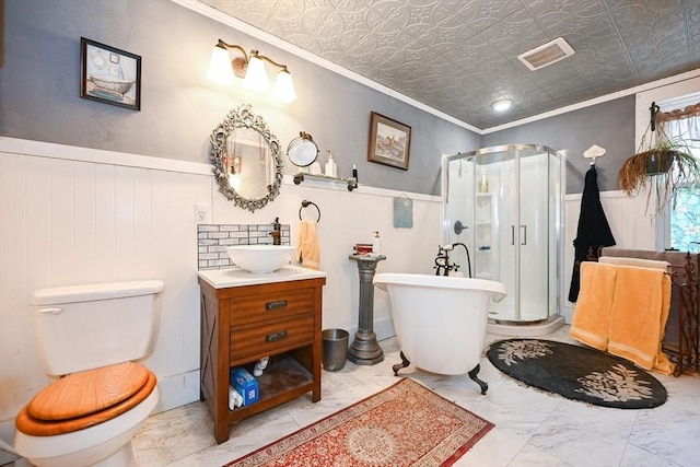 full bathroom with shower with separate bathtub, vanity, toilet, and crown molding