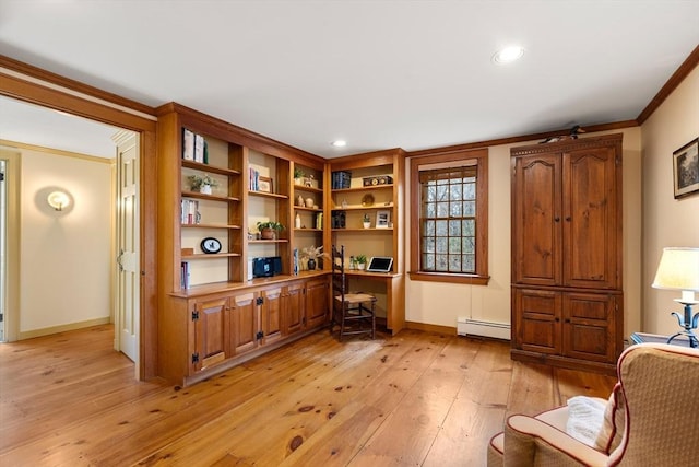 office featuring a baseboard heating unit, light wood-style floors, baseboards, and ornamental molding