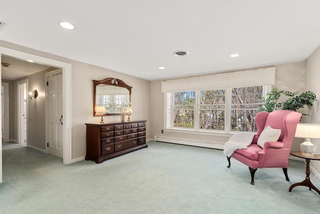 living area with visible vents, baseboards, carpet, recessed lighting, and a baseboard radiator