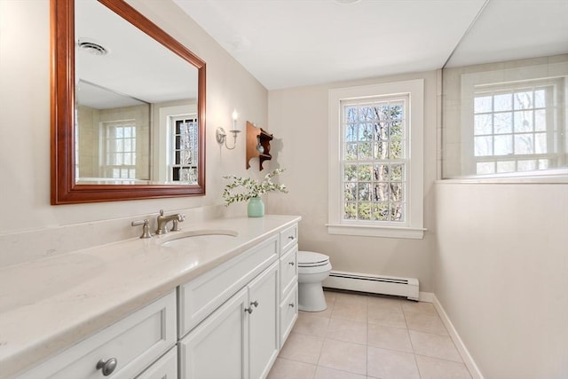 bathroom with vanity, visible vents, tile patterned flooring, toilet, and baseboard heating