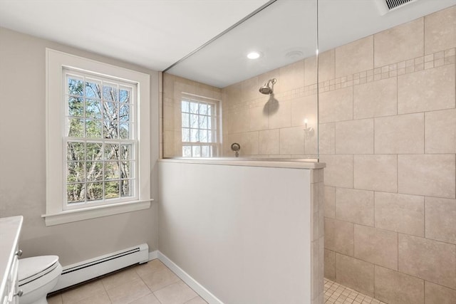 bathroom with baseboards, a baseboard radiator, tile patterned flooring, a walk in shower, and toilet