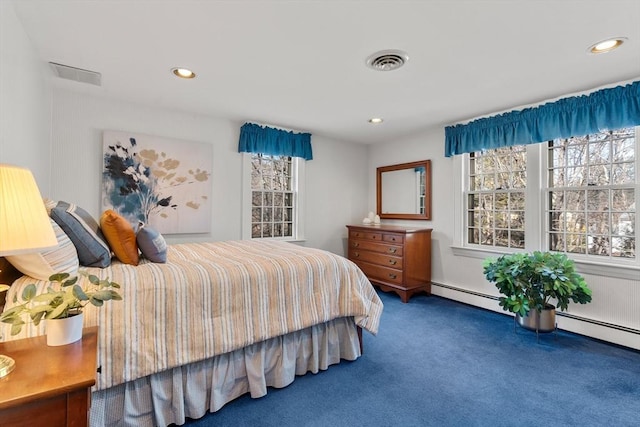 bedroom featuring recessed lighting, visible vents, carpet, and a baseboard radiator