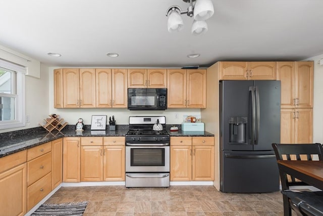 70 Puritan Rd, Bourne, MA 02532 - kitchen with black microwave, stainless steel range with gas cooktop, fridge with ice dispenser, light brown cabinetry, and recessed lighting