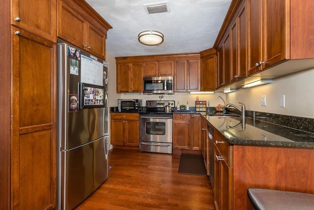 kitchen featuring sink, dark hardwood / wood-style floors, stainless steel appliances, and dark stone counters