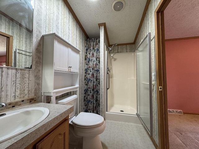 bathroom with visible vents, ornamental molding, a textured ceiling, and a stall shower