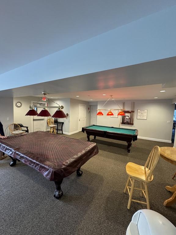 game room with pool table, baseboards, and carpet floors