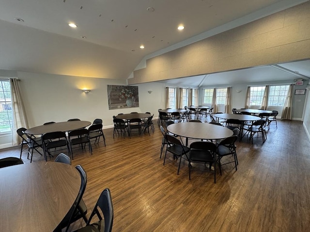 dining room featuring dark wood-type flooring, baseboards, lofted ceiling, and a healthy amount of sunlight
