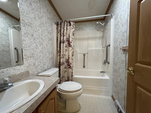 full bath featuring tile patterned floors, shower / bath combo, wallpapered walls, and toilet