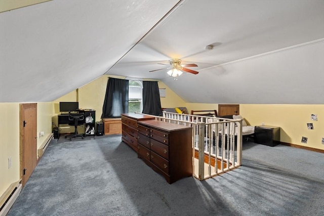 additional living space featuring carpet, a baseboard radiator, ceiling fan, and lofted ceiling