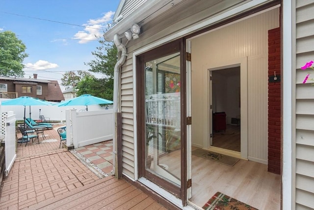 wooden deck featuring a patio area