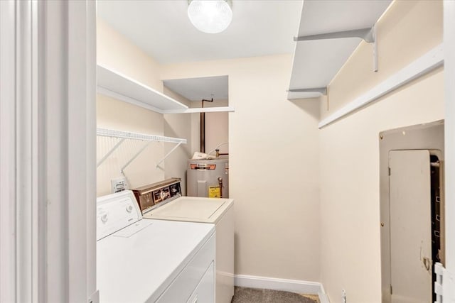 laundry room with electric water heater, carpet floors, and independent washer and dryer