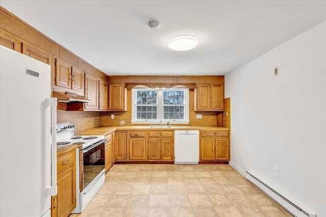 kitchen featuring white appliances, baseboard heating, backsplash, and sink