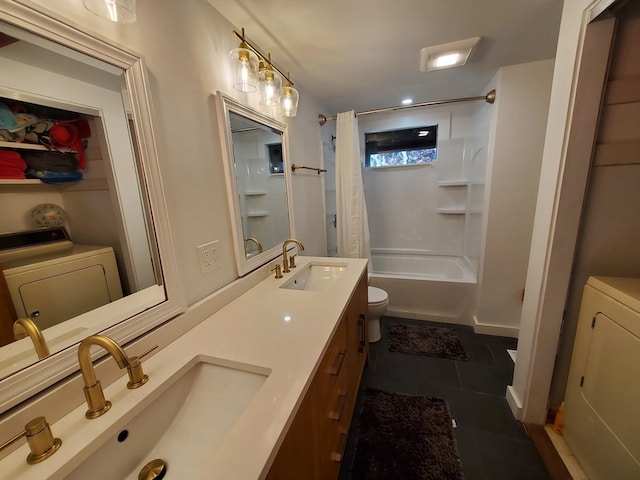 full bathroom featuring tile patterned floors, toilet, washer / clothes dryer, and shower / tub combo with curtain