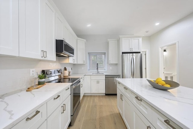 kitchen featuring light stone countertops, appliances with stainless steel finishes, sink, and white cabinets