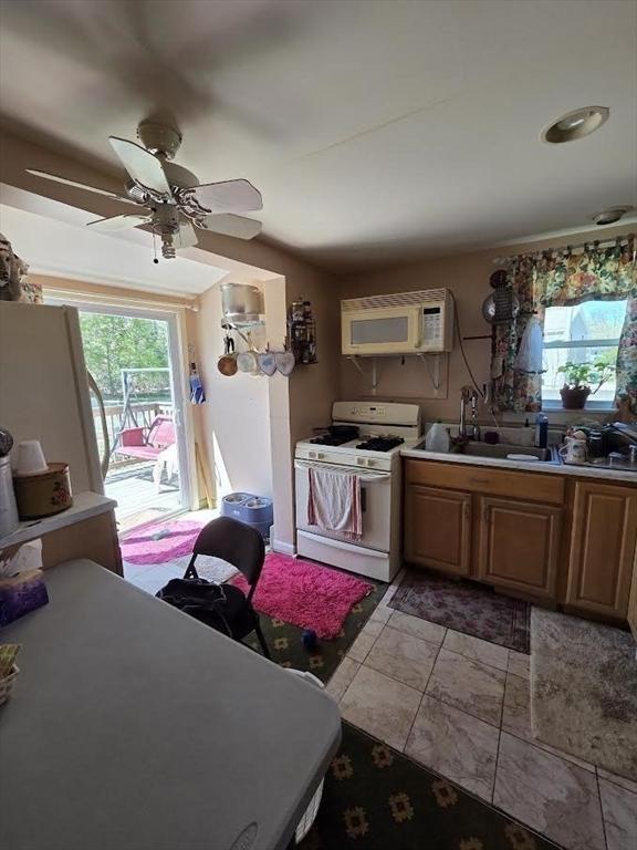 kitchen with plenty of natural light, a ceiling fan, a sink, and white appliances