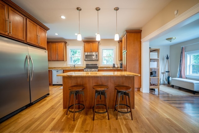 kitchen featuring plenty of natural light, stainless steel appliances, decorative light fixtures, and light hardwood / wood-style floors