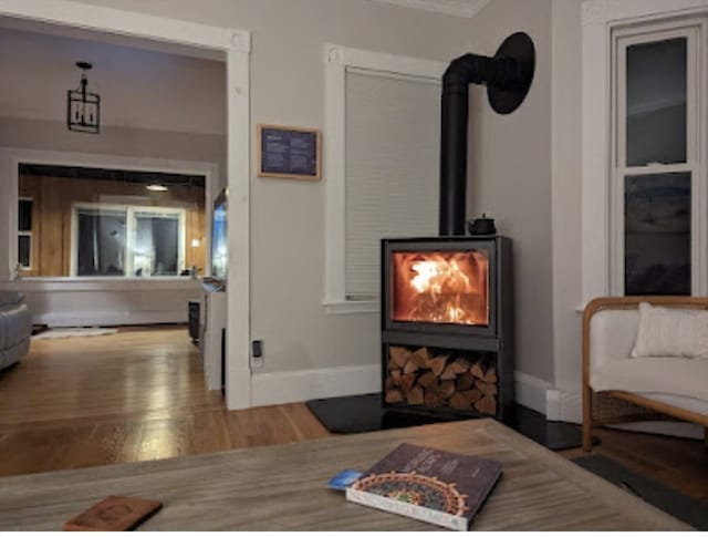 living room with a wood stove and wood-type flooring