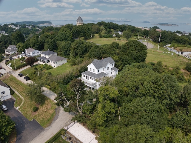 drone / aerial view with a water view