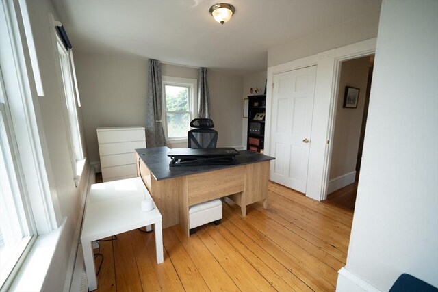 bedroom with baseboard heating, light wood-type flooring, and multiple windows