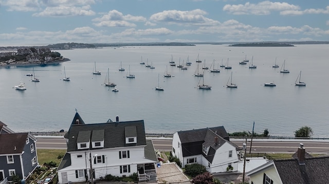 drone / aerial view featuring a water view