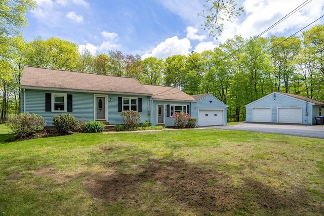 54 Town Farm Rd, Winchendon, MA 01475 - ranch-style home featuring a garage, a front lawn, and an outdoor structure