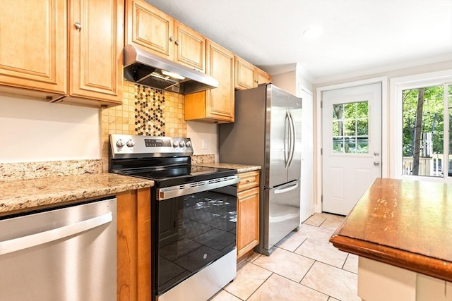 17 S High St, Ashburnham, MA 01430 - kitchen featuring appliances with stainless steel finishes, under cabinet range hood, backsplash, crown molding, and light tile patterned flooring
