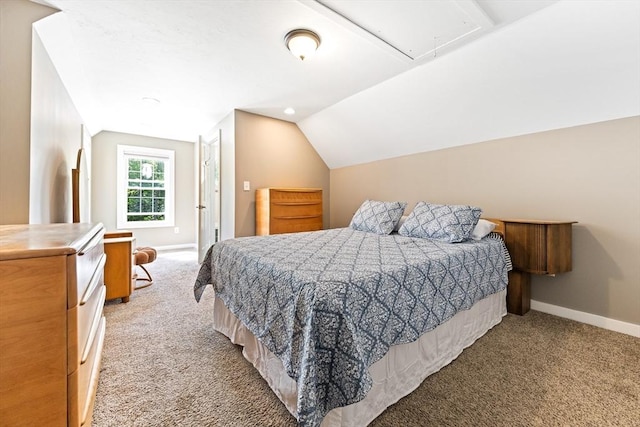 17 S High St, Ashburnham, MA 01430 - bedroom featuring light colored carpet, vaulted ceiling, baseboards, and attic access