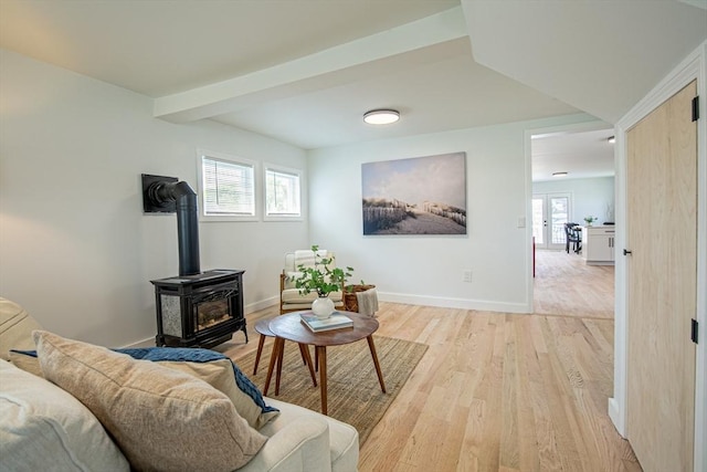 401 N End Blvd, Salisbury, MA 01952 - living room featuring a wood stove and light wood-style floors